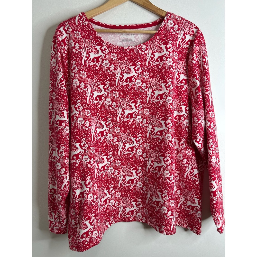 Talbots Long Sleeve Tee Shirt Women Plus 3X Red White Deer Floral Print  Stretch